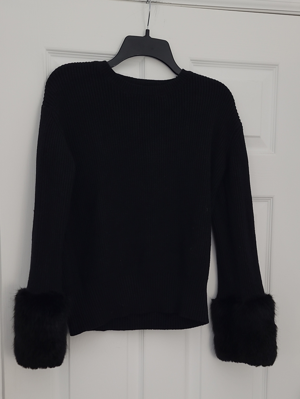 Love Token Black Crewneck Sweater with Faux-Fur Cuffs